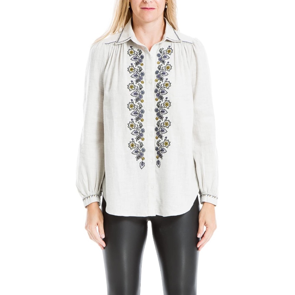 Max Studio Gray Cotton Floral Embroidered Shirt with Long Sleeves Small‎